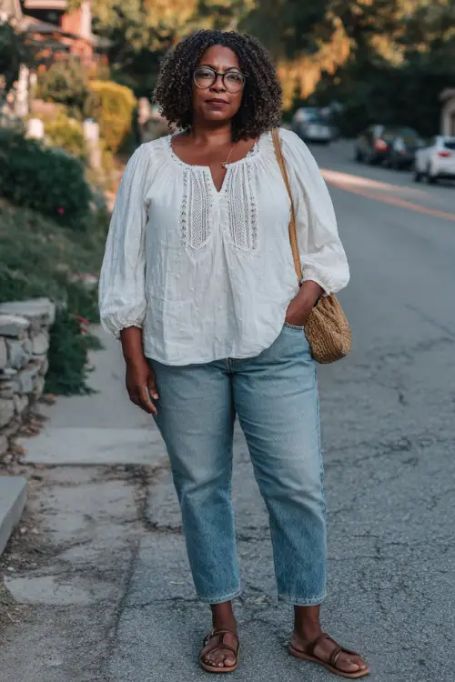 A curvy Black woman wears a casual boho outfit with a loose peasant blouse, relaxed-fit jeans, flat sandals, and a crossbody bag, styled in a peaceful neighborhood street