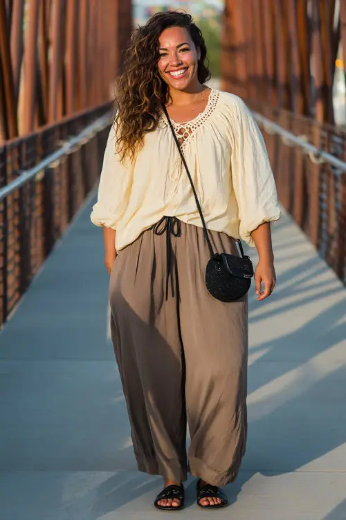 A curvy woman wears a casual boho outfit featuring wide-leg pants, a lightweight peasant blouse, comfortable flats, and a crossbody bag, styled in a bright urban walkway 
