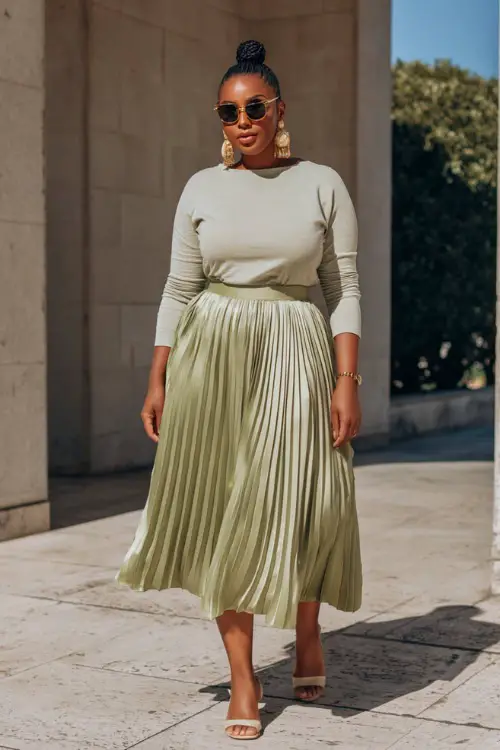 A curvy woman wears a chic boho outfit combining a pleated midi skirt, a fitted knit top, low block heels, and statement earrings, styled in a minimalist outdoor setting 