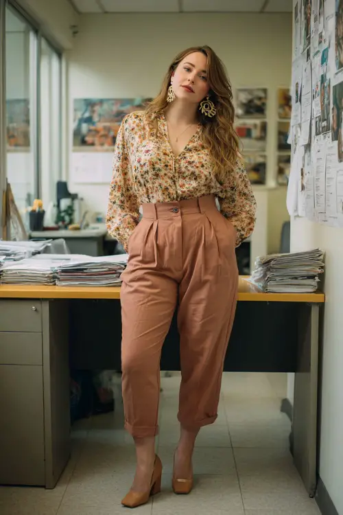 A curvy woman wears a chic boho work outfit featuring high-waisted trousers, a flowy long-sleeve blouse with subtle floral patterns, and comfortable block-heel shoes