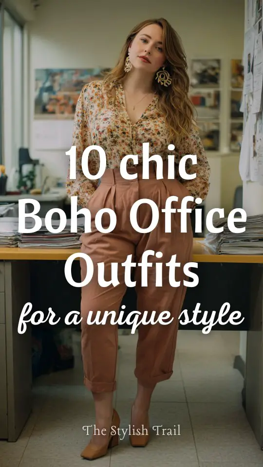 A curvy woman wears a chic boho work outfit for office featuring high-waisted trousers, a flowy long-sleeve blouse with subtle floral patterns