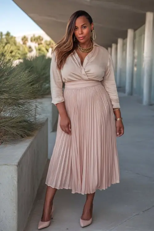 A curvy woman wears a formal boho ensemble combining a pleated chiffon midi skirt, a fitted long-sleeve blouse, elegant heels, and bold jewelry