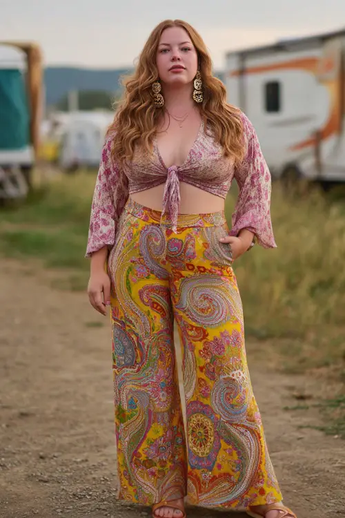 A curvy woman wears a hippie boho outfit with a tie-front blouse, wide-leg pants, flat sandals, and statement earrings, styled in a relaxed festival-inspired outdoor setting