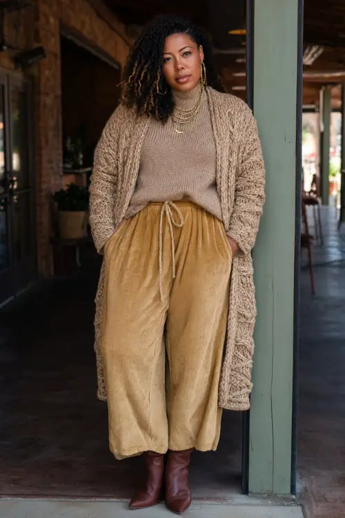 A curvy woman wears a warm boho winter outfit featuring wide-leg trousers, a soft turtleneck sweater, a long cardigan, and heeled ankle boots 