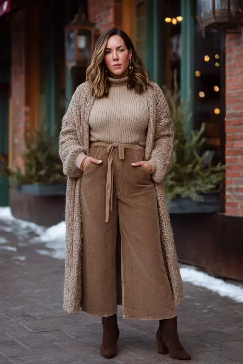 A curvy woman wears a warm boho winter outfit featuring wide-leg trousers, a soft turtleneck sweater, a long cardigan, and heeled ankle boots 