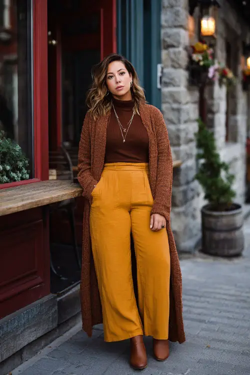 A curvy woman wears a warm boho winter outfit featuring wide-leg trousers, a soft turtleneck sweater, a long cardigan, and heeled ankle boots