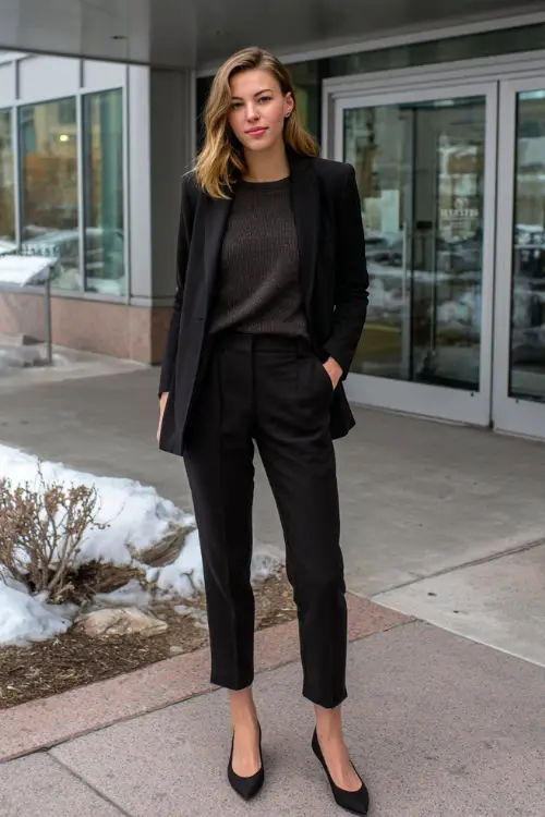 A full-body image of a midsize woman dressed in a monochrome business casual outfit featuring a blazer and matching trousers