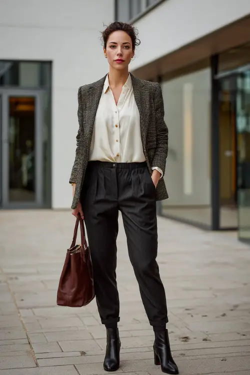 A full-body image of a midsize woman wearing a button-up blouse under a structured blazer, paired with tailored trousers and polished ankle boots, carrying a leather handbag 