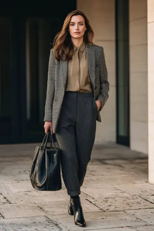 A full-body image of a midsize woman wearing a button-up blouse under a structured blazer, paired with tailored trousers and polished ankle boots, carrying a leather handbag