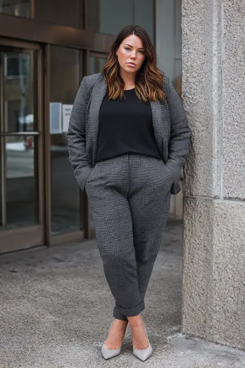 A full-body image of a plus-size woman dressed in a monochrome business casual outfit featuring a blazer and matching trousers, styled with a lightweight knit top and pointed flats 