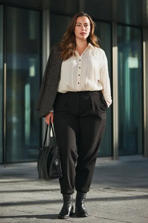 A full-body image of a plus-size woman wearing a button-up blouse under a structured blazer, paired with tailored trousers and polished ankle boots, carrying a leather handbag 