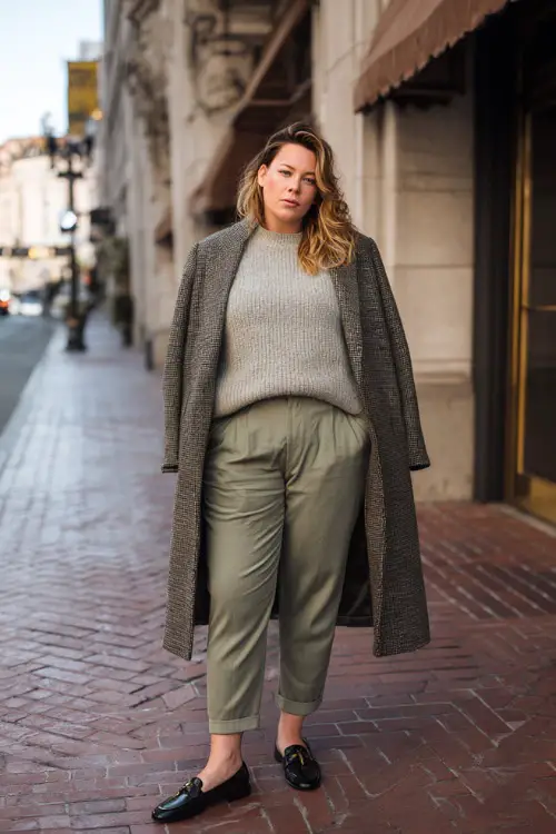 A full-body image of a plus-size woman wearing a lightweight knit sweater tucked into tailored trousers, layered with a long wool coat, finished with classic loafers 