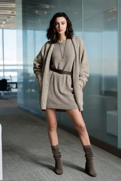 A full-body image of a woman dressed in a knit dress paired with a belted cardigan, styled with ankle boots and minimal jewelry