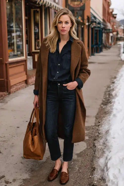 A full-body image of a woman dressed in dark jeans paired with a button-up shirt and a long wool coat, finished with leather loafers and a structured tote 
