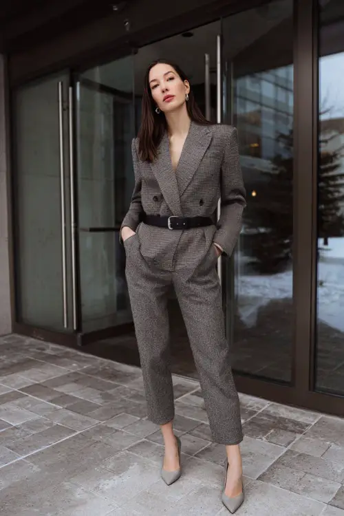 A full-body image of a woman in a monochrome blazer outfit featuring a tailored blazer, matching trousers, and pointed-toe shoes