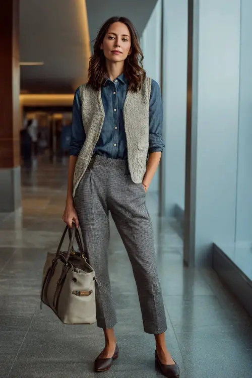 A full-body image of a woman styled in a chambray shirt tucked into tailored trousers, layered with a knit vest and polished flats, carrying a structured handbag