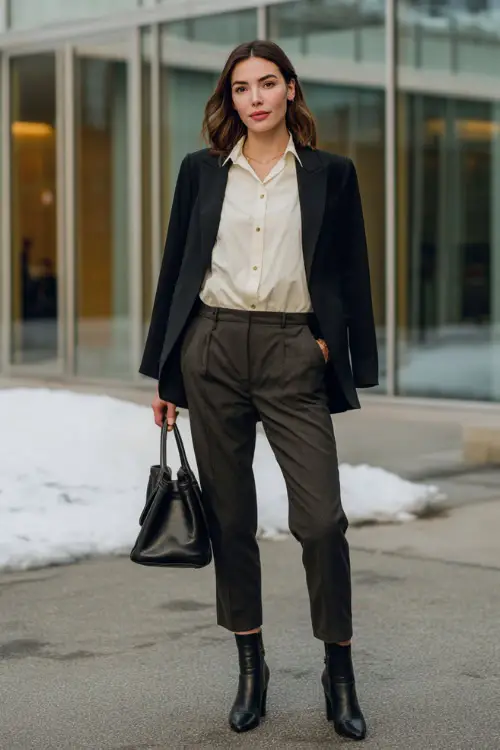 A full-body image of a woman wearing a button-up blouse under a structured blazer, paired with tailored trousers and polished ankle boots, carrying a leather handbag 