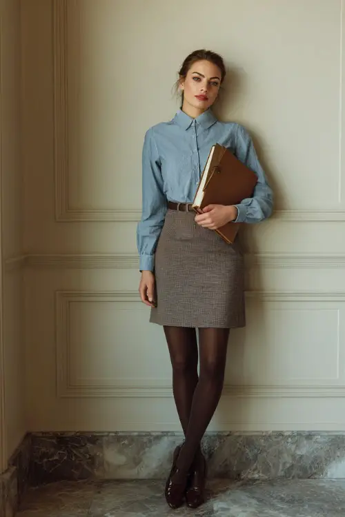 A full-body image of a woman wearing a chambray shirt styled with a wool midi skirt, opaque tights, and classic loafers, holding a work folder 