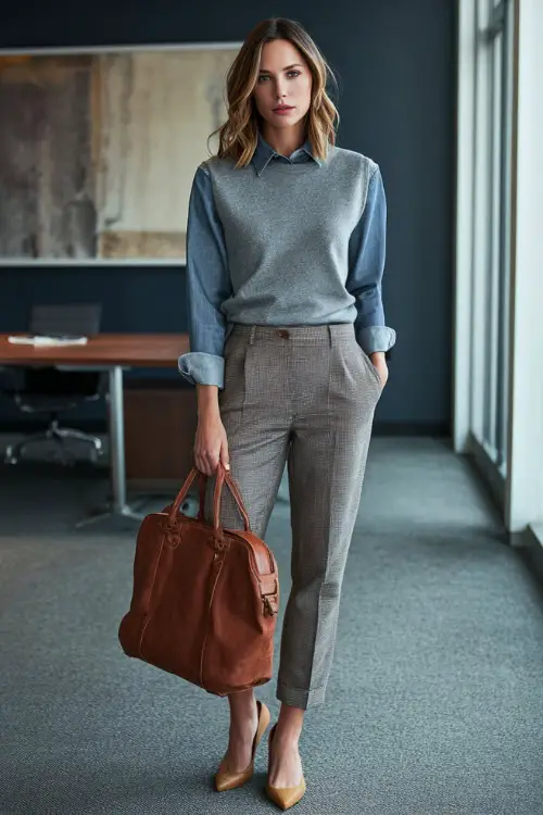 A full-body image of a woman wearing a chambray shirt under a fine-gauge sweater with the collar visible, paired with tailored trousers and classic pumps 