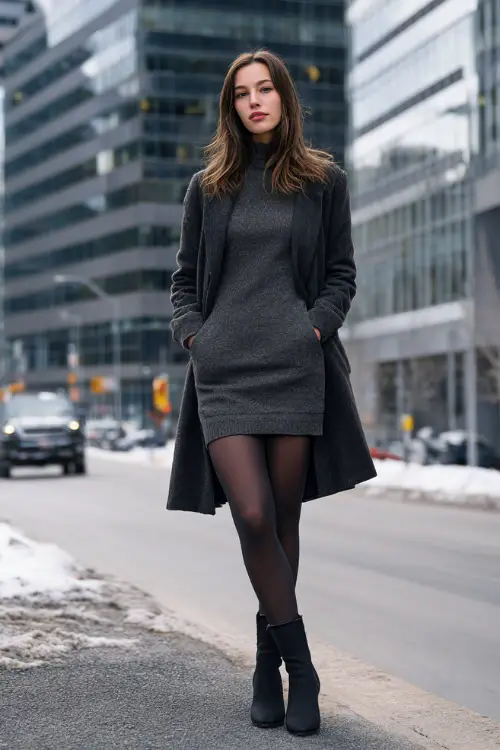 A full-body image of a woman wearing a fitted sweater dress layered under a long tailored coat, paired with opaque tights and block-heel ankle boots