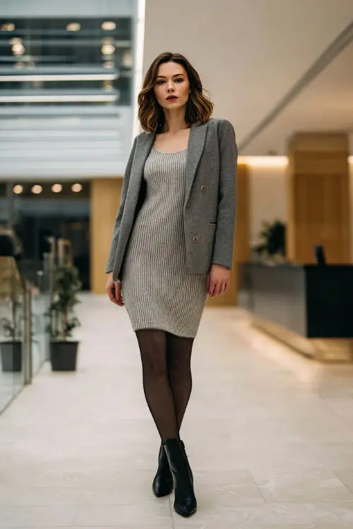 A full-body image of a woman wearing a knit midi dress layered with a structured blazer, paired with opaque tights and sleek heeled ankle boots 