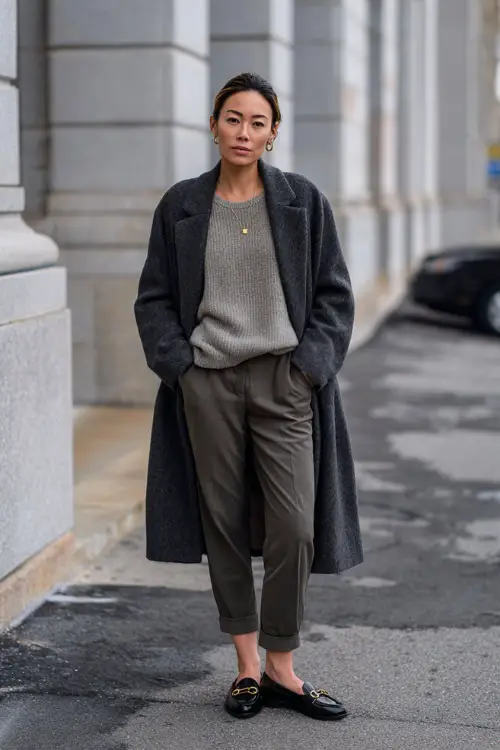 A full-body image of a woman wearing a lightweight knit sweater tucked into tailored trousers, layered with a long wool coat, finished with classic loafers 