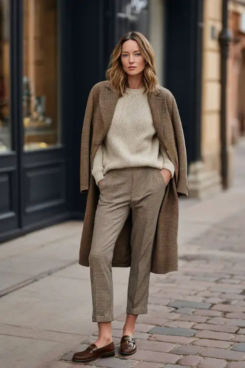A full-body image of a woman wearing a lightweight knit sweater tucked into tailored trousers, layered with a long wool coat, finished with classic loafers