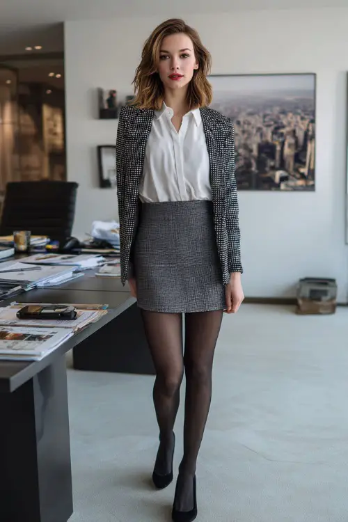 A full-body image of a woman wearing a pencil skirt paired with a button-up blouse and a structured blazer, styled with tights and block-heel pumps