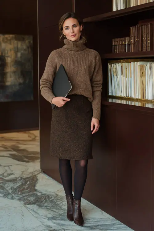 A full-body image of a woman wearing a wool midi skirt styled with a tucked-in knit sweater, opaque tights, and elegant ankle boots, holding a work folder 