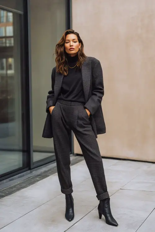 A full-body image of a woman wearing an oversized blazer layered over a slim turtleneck, paired with tailored trousers and block-heel ankle boots, styled with minimal jewelry