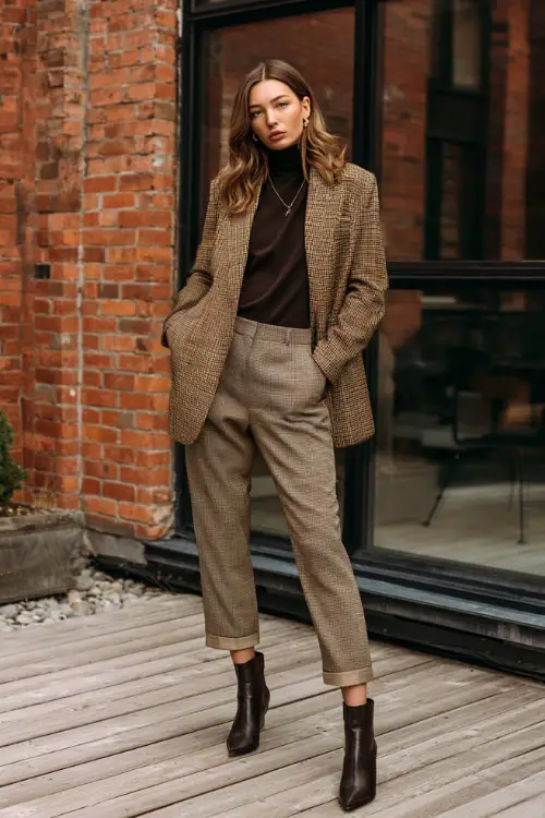 A full-body image of a woman wearing an oversized blazer layered over a slim turtleneck, paired with tailored trousers and block-heel ankle boots, styled with minimal jewelry