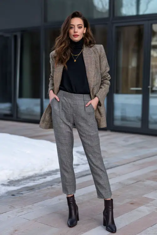 A full-body image of a woman wearing an oversized blazer layered over a slim turtleneck, paired with tailored trousers and block-heel ankle boots, styled with minimal jewelry