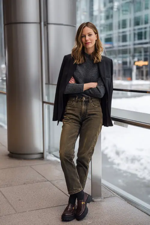 A full-body image of a woman wearing dark-wash jeans paired with a knit top and a structured jacket, finished with polished loafers, standing near modern office architecture in winter 