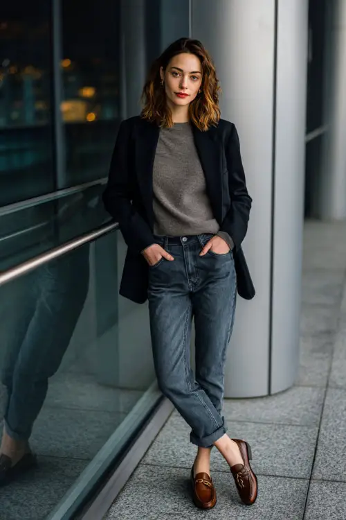 A full-body image of a woman wearing dark-wash jeans paired with a knit top and a structured jacket, finished with polished loafers, standing near modern office architecture in winter