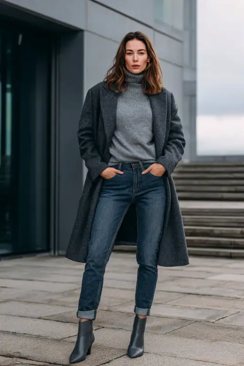 A full-body image of a woman wearing slim-fit jeans paired with a soft turtleneck sweater and a structured wool coat, finished with polished ankle boots 