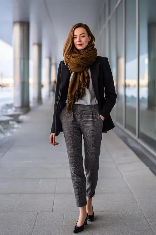 A full-body shot of a midsize woman dressed in a winter business casual outfit featuring a structured blazer, soft scarf, tailored pants, and polished flats 
