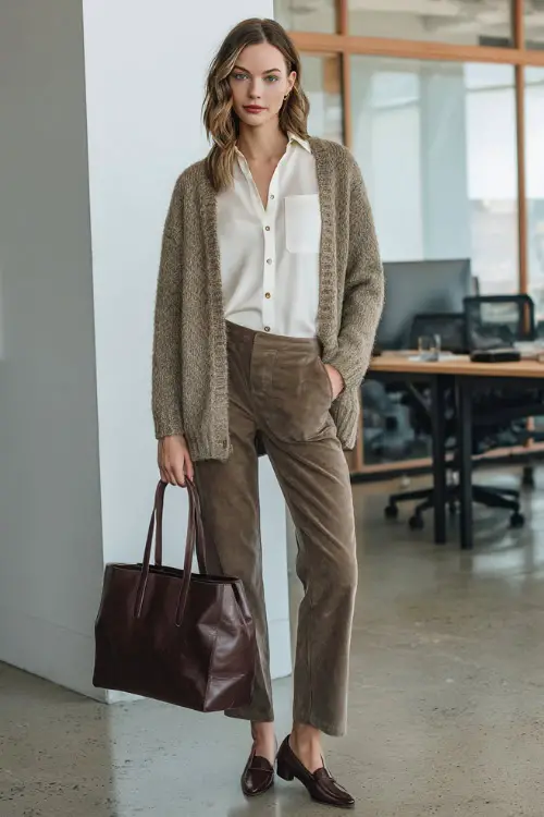 A full-body shot of a midsize woman wearing a cardigan layered over a crisp blouse, paired with straight-leg pants and leather flats, carrying a structured tote bag