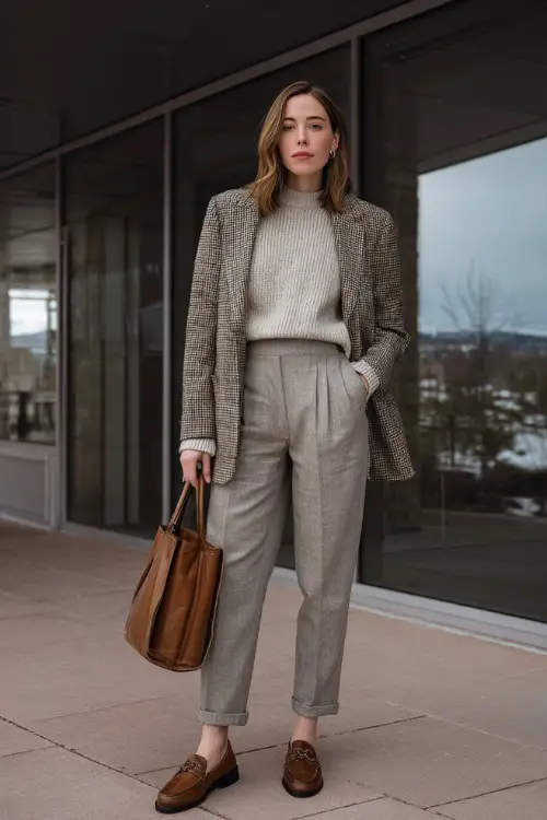 A full-body shot of a midsize woman wearing a soft knit sweater tucked into high-waisted tailored trousers, layered with a classic tweed blazer and finished with leather loafers
