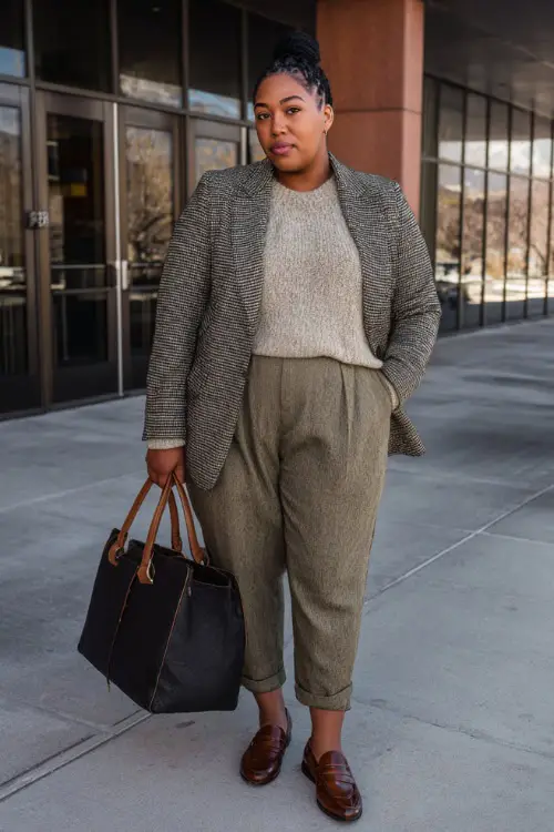A full-body shot of a plus-size woman wearing a tailored wool blazer layered over a fine knit sweater, paired with straight-leg trousers and leather loafers 