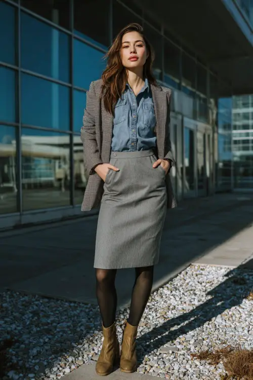 A full-body shot of a woman dressed in a chambray shirt layered beneath a structured blazer, styled with a midi skirt, opaque tights, and ankle boots 