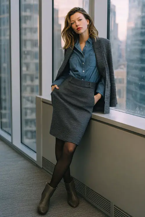 A full-body shot of a woman dressed in a chambray shirt layered beneath a structured blazer, styled with a midi skirt, opaque tights, and ankle boots
