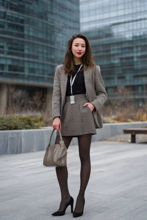 A full-body shot of a woman dressed in a fitted blazer paired with a midi skirt, opaque tights, and classic pumps, holding a structured handbag