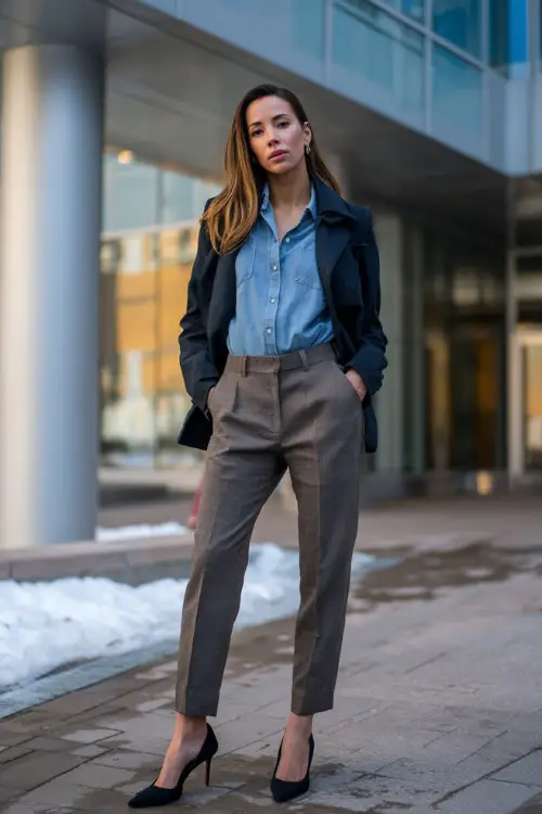 A full-body shot of a woman dressed in a winter business casual outfit featuring a chambray shirt layered under a structured jacket, paired with tailored trousers and pointed flats