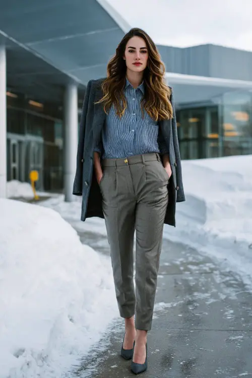 A full-body shot of a woman dressed in a winter business casual outfit featuring a chambray shirt layered under a structured jacket
