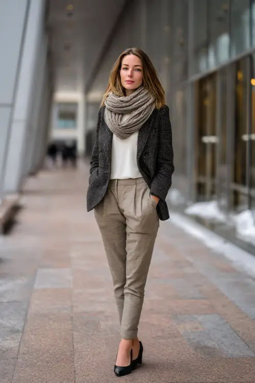 A full-body shot of a woman dressed in a winter business casual outfit featuring a structured blazer, soft scarf, tailored pants, and polished flats