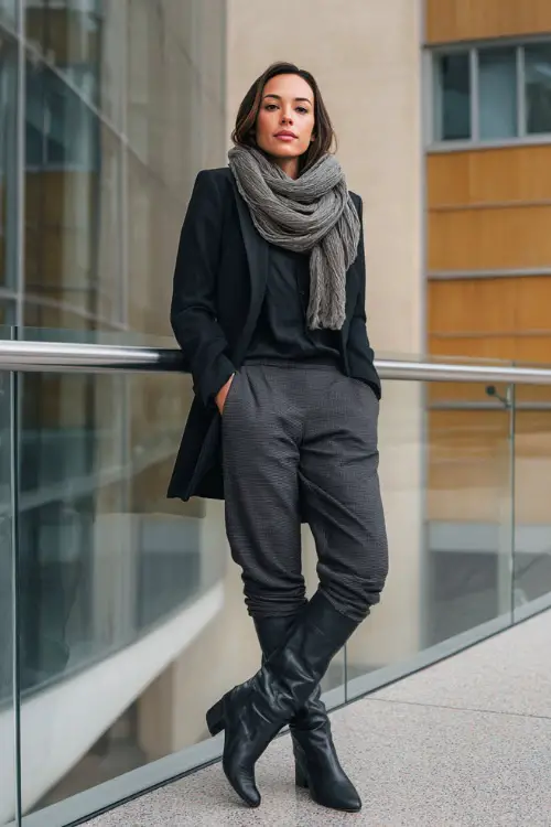 A full-body shot of a woman dressed in a winter business casual outfit featuring a structured blazer, soft scarf, tailored pants, and polished leather boots