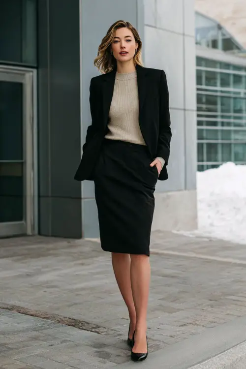 A full-body shot of a woman dressed in a winter business casual outfit featuring a tailored blazer, soft knit top, midi skirt, and refined flats