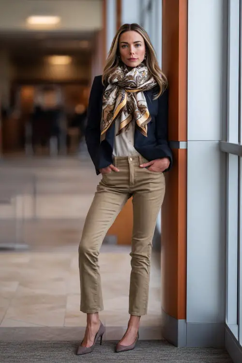 A full-body shot of a woman dressed in a winter business casual outfit featuring straight-leg jeans, a structured blazer, lightweight scarf, and pointed flats 