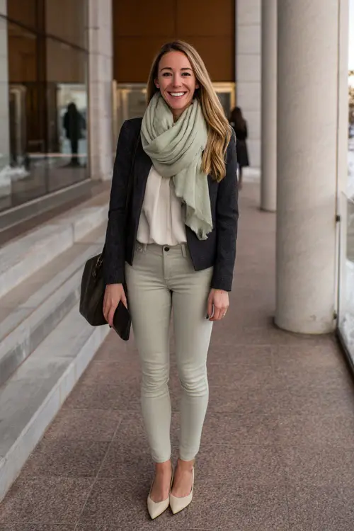 A full-body shot of a woman dressed in a winter business casual outfit featuring straight-leg jeans, a structured blazer, lightweight scarf, and pointed flats 