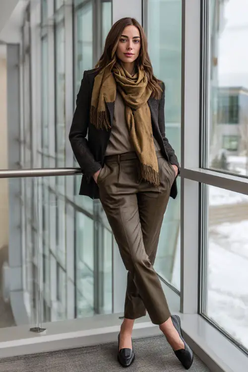 A full-body shot of a woman dressed in layered winter business casual attire featuring a blazer, lightweight scarf, tailored trousers, and leather flats